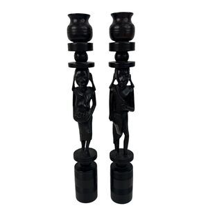 Pair of Vintage African Hand Carved Iron Wood Figural Sculptures Candle Sticks